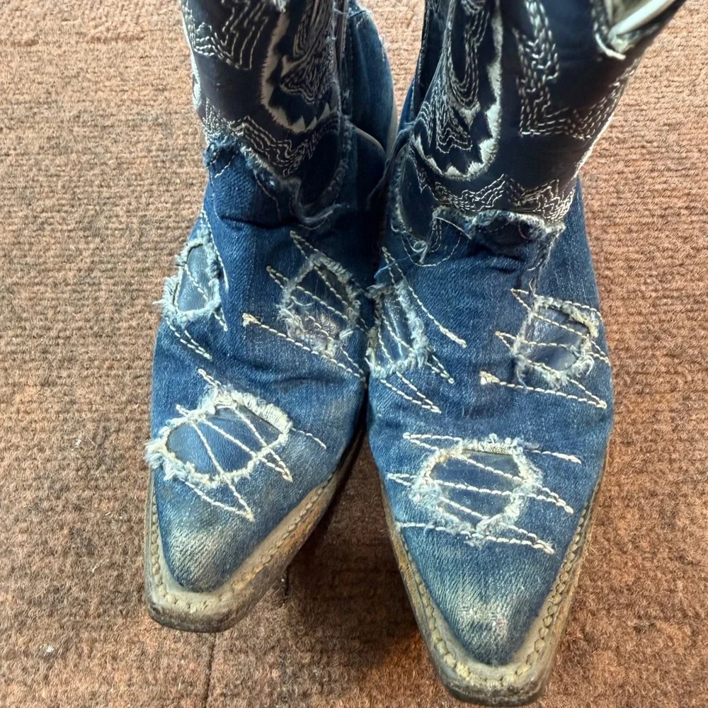 Old West Kids Distressed Blue Denim Cowboy Boots Pointed Toe Western Size 12 C+